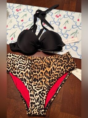 Black Push-Up Bikini Top with Leopard High-Waist Bottom